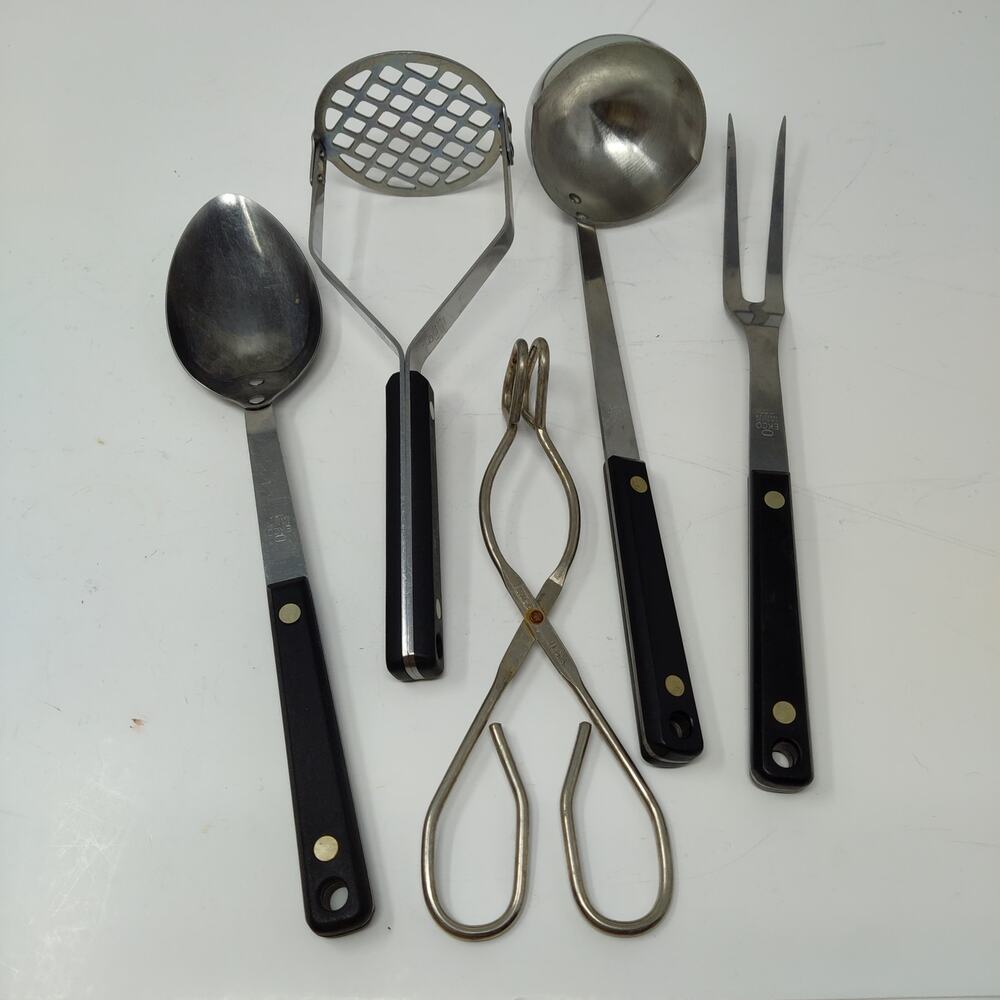 4X Ekco Flint Arrowhead Utensil Set + Vanadium Fork Spoon Mash Black Handle Vtg - Picture 2 of 8